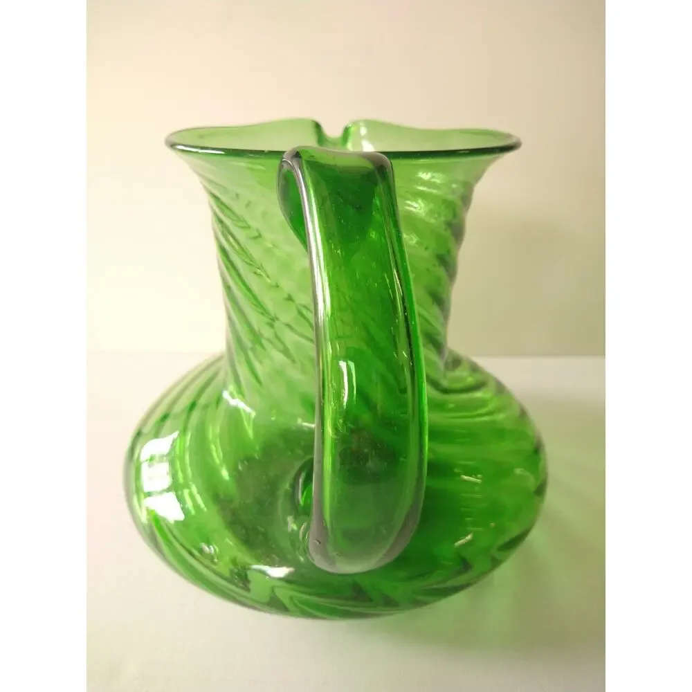 Vintage Hand Blown Large Green Glass Pitcher Ribbed 8.5